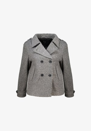 Grijze dubbelzijdige jas in een geweven wolmix. Heeft grote zwarte knopen, zijzakken en een brede kraag met een getailleerde pasvorm.