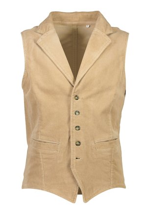 Beige corduroy gilet met een notch-lapel, sluiting met zes knopen, twee voorzakken en een licht gebogen zoom. Geweven stof is zichtbaar.
