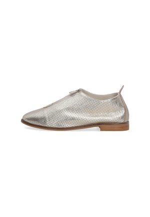 Stříbrná perforovaná kožená bota s elegantním designem, špičatou špičkou a malým podpatkem; má zipové zapínání a hnědý akcent na zadní straně.
