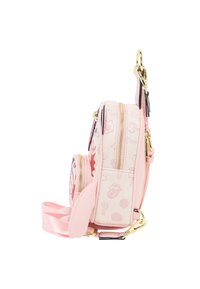 Borsa a tracolla rosa compatta con accessori in oro, caratterizzata da grafiche di cartoni animati e una finitura testurizzata. Due scomparti con cerniera. Spallaccio morbido.