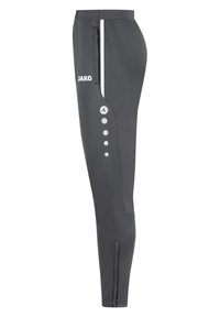 Schmal geschnittene graue Sporthose aus dehnbarem Material. Mit weißen Seitenstreifen, Logo und dekorativen Knöpfen entlang des linken Beins.