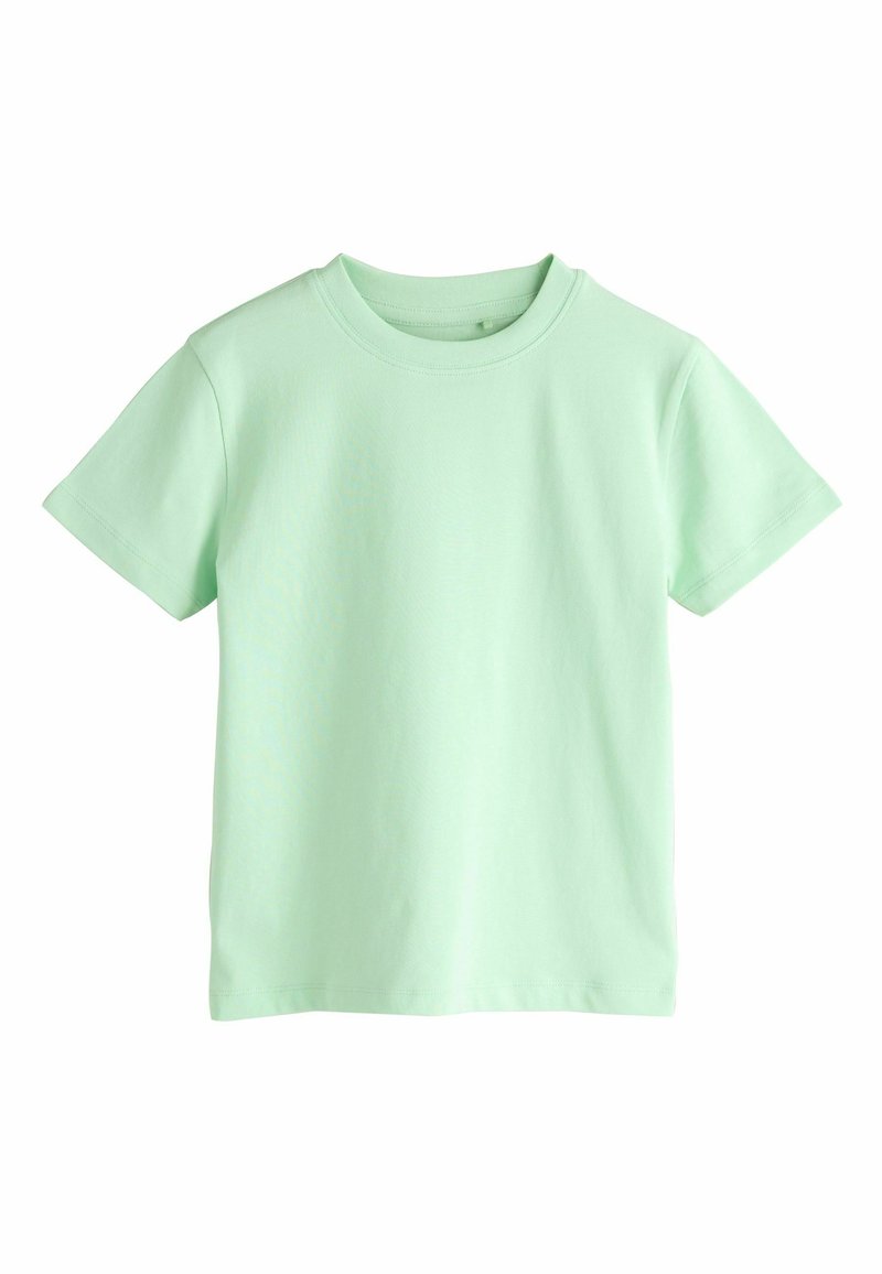 T-shirt verde menta chiaro con collo rotondo, maniche corte e una texture liscia in cotone. Nessun motivo o accento.
