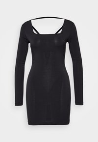 Svart långärmad klänning med en åtsittande design, med en kvadratisk halsringning och korskorsade remmar över ryggen. Slät textur.