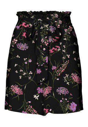 Sort nederdel med høj elastisk talje, bindebælte og blomstermønster i pink, lilla og hvid med grønne stilke og blade.