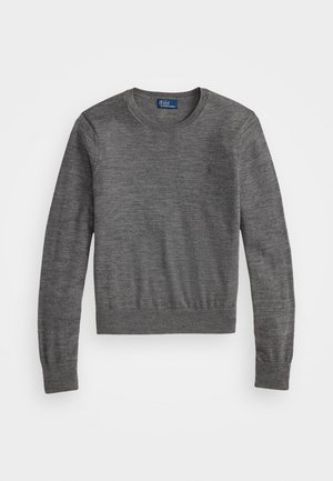 Gray knit sweater with a crew neckline and long sleeves. Features a subtle logo on the left chest and ribbed hem and cuffs.