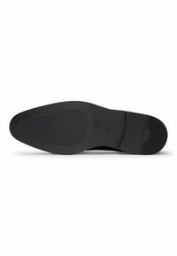 Suola di scarpa in pelle nera con una finitura liscia, forma arrotondata e motivo di grip testurizzato. Include il nome del marchio in rilievo e i dettagli delle taglie.