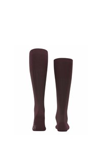 Calze al ginocchio color bordeaux con strisce verdi verticali. Realizzate in un materiale morbido ed elastico, con punta e tallone rinforzati.