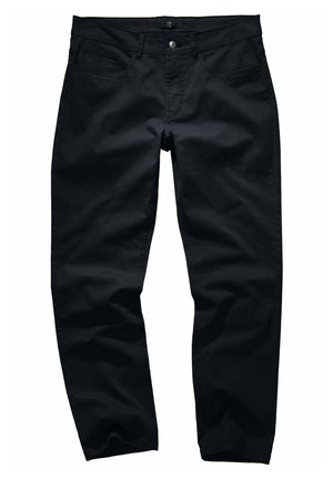 Schwarze Baumwollhose mit geradem Schnitt, ausgestattet mit Fronttaschen, Reißverschluss und einer dezenten Textur. Keine auffälligen Muster oder Akzente.