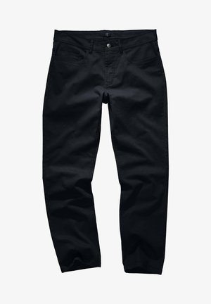 Mustat puuvillahousut, joissa on suora malli. Housuissa on etutaskut, vetoketjullinen hytti ja hienovarainen tekstuuri. Ei näkyviä kuvioita tai yksityiskohtia.