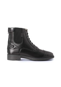 Stivale alla caviglia in pelle nera con lacci frontali, pannelli laterali elastici e punta arrotondata. Presenta cuciture decorative e un tacco basso.