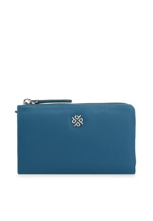 Blue leather wallet with a smooth texture, zip closure, and a silver logo emblem on the front. Rectangular shape, compact design.