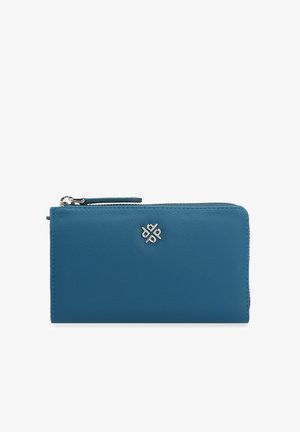 Blue leather wallet with a smooth texture, zip closure, and a silver logo emblem on the front. Rectangular shape, compact design.