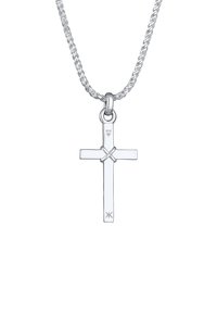 Hopeinen risti-riipus, yksinkertaisella, tasaisella designilla. Ripustettu kiemurtelevasta ketjusta, jossa leima '925' aitoudesta sterling-hopeaan.