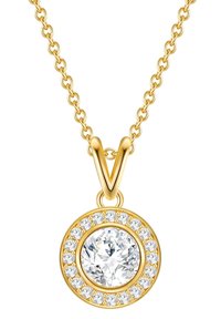 Zelta krāsas kaklarota ar apaļu piekariņu, kur�ā atrodas liels caurspīdīgs akmens centrs, ko ieskauj mazāki caurspīdīgi kristāli.