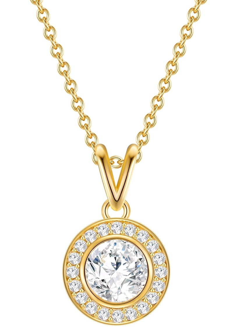 Zelta krāsas kaklarota ar apaļu piekariņu, kurā atrodas liels caurspīdīgs akmens centrs, ko ieskauj mazāki caurspīdīgi kristāli.