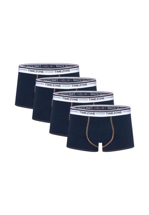 Herren Boxershorts in Marineblau mit elastischem Bund, versehen mit dem Schriftzug "TIMEZONE" und goldenen Nähten. Vier Paare zusammen gezeigt.