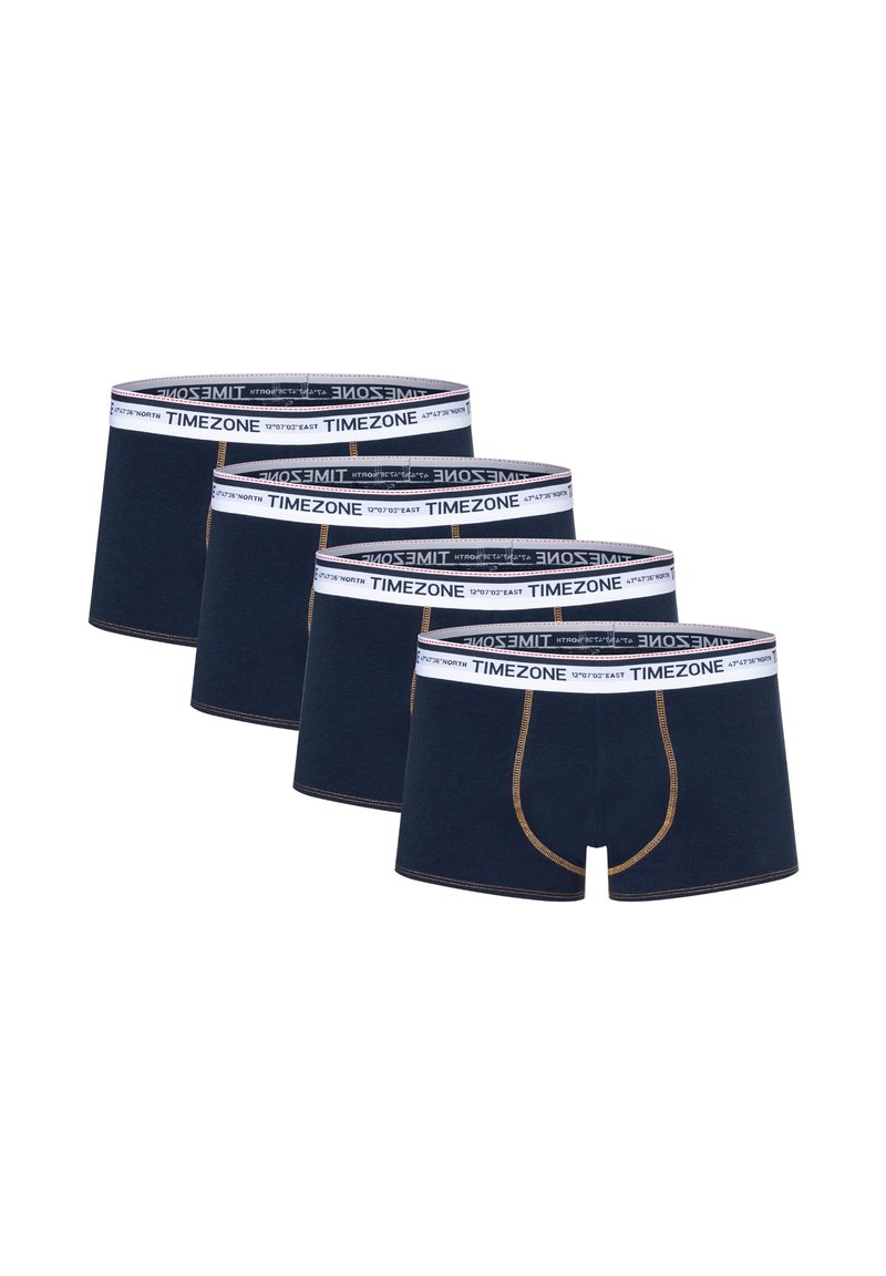 Men's navy blue boxer shorts with elastic waistband featuring "TIMEZONE" text and gold stitching detail. Four pairs displayed together.