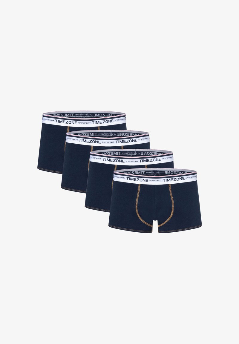 Men's navy blue boxer shorts with elastic waistband featuring "TIMEZONE" text and gold stitching detail. Four pairs displayed together.