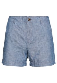 Lichtblauwe denimbroekshorts met een gestructureerde afwerking, voorzien van een enkele knoopsluiting en een opgerolde zoom aan de pijpen. Eenvoudig ontwerp, casual pasvorm.