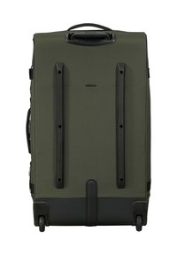 Valigia rettangolare verde oliva con ruote nere, due guide di supporto verticali nere e una maniglia superiore per il trasporto.
