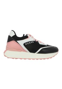 Baskets noires et blanches avec des accents rose clair, en matière supérieure en maille, semelle texturée, bout arrondi et lacets en rose clair.