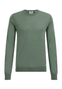 Grön stickad tröja med rund halsringning, långa ärmar och ribbade muddar och fåll. Mjuk textur med en len yta, avslappnad passform.