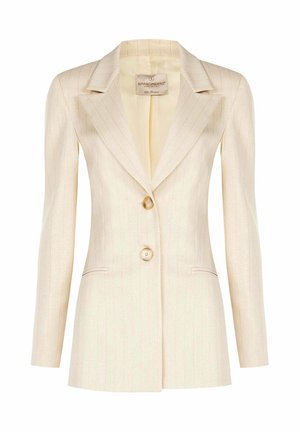 Blazer da donna color crema con sottili righe verticali, due bottoni, rever a incavo e tasche frontali con fessura.
