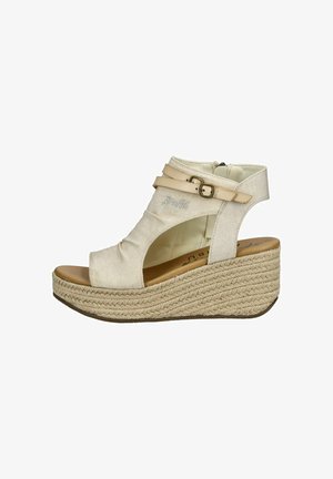 Beige klínová sandál s textilním svrškem, otevřenou špičkou a dvěma nastavitelnými popruhy. Lanozdobení na 7 cm platformě. Zip na zadní straně.