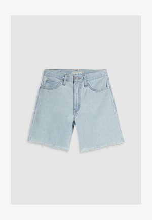 Light blue denim shorts with a straight-leg design, frayed hem, five pockets, and button closure at the waist.