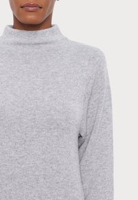 Pull à col roulé gris clair, confectionné en maille douce, avec un col haut et une coupe décontractée. Design simple sans motifs visibles.