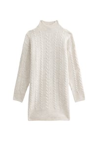 Pull en tricot de couleur crème avec un col haut et des manches longues. Comprend un motif en maille torsadée et des poignets et un ourlet côtelés.