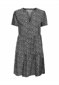 Schwarzes Kleid mit kurzen Ärmeln, V-Ausschnitt und taillierter Passform. Hat ein weißes Blättermuster und einen ausgestellten Rock.