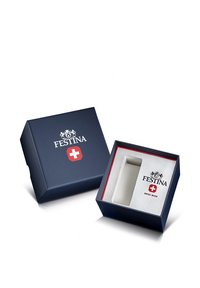 Dark navy gift box with white interior, featuring "FESTINA" logo and Swiss cross. Interior padding for watch placement. Red interior trim.