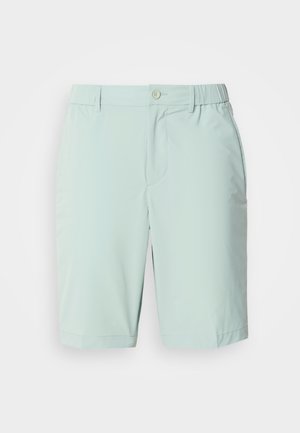 Light blue shorts made of smooth fabric, featuring a button closure, front pockets, and a comfortable waistband with no visible patterns.