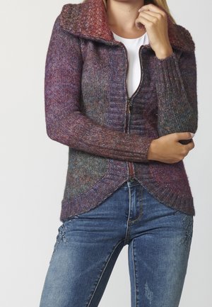 Femme portant un pull zippé en tricot multicolore avec un grand col par-dessus une chemise blanche, assorti à un jean bleu brodé.