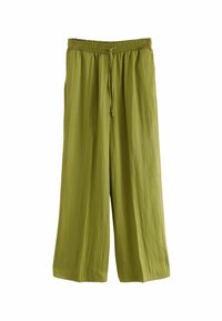 Grüne, weit geschnittene Hosen aus leichtem Stoff mit einem elastischen Bund und Kordelzug. Sie haben eine glatte, ungemusterte Textur.
