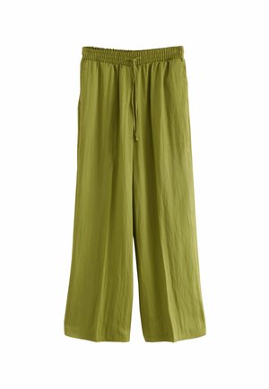 Green, wide-leg pants made from lightweight fabric with an elastic waistband and drawstring. Features a smooth texture without patterns.