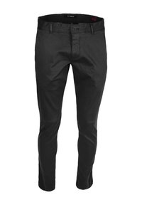 Zwarte slim-fit broeken van lichte stof. Voorzien van een knoopsluiting aan de voorkant, riemlussen en zijzakken. Soepele textuur.