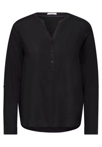 Maglietta nera a maniche lunghe con scollo a V e patta con bottoni. Tessuto morbido, vestibilità comoda e orlo leggermente curvo. Branding discreto sul colletto.