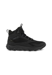 Scarpa da trekking alta nera con tomaia in mesh e sintetico, suola in gomma testurizzata, punta rinforzata e accenti a contrasto per una maggiore durata.