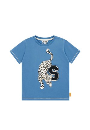 Blue short-sleeve children's t-shirt featuring a walking leopard graphic beside a large black letter "S" on the front.