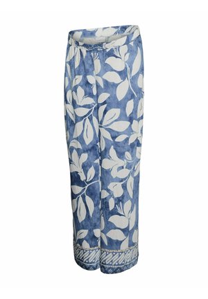 Pantalon bleu à jambes larges avec grand imprimé floral blanc et ourlet à motif, taille élastique pour plus de confort.