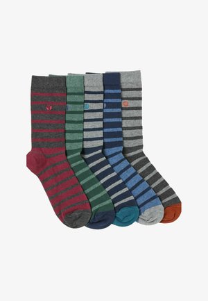 Five pairs of striped socks in various colors: maroon, green, navy, gray, and blue. Each pair features an embroidered logo on the cuff.