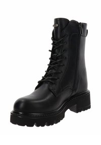 Bottine en cuir noir avec un bout rond, fermeture à lacets à l'avant, fermeture éclair sur le côté, semelle épaisse et détails de couture contrastés.