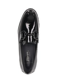 Black patent leather shoe with a pointed toe and decorative buckle detail. Features a smooth texture and cushioned insole.