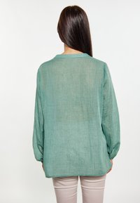 Blusa leggera verde chiaro, trasparente, con maniche lunghe e una vestibilità comoda, caratterizzata da un colletto e maniche leggermente arricciate. Tessuto testurizzato.