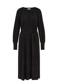 Fekete midi ruha hosszú ujjakkal, kerek nyakkivágással, gyűrt vállrészlettel és derékrészen eltávolítható övvel a testreszabható illeszkedésért.