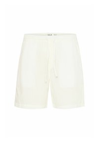 White fabric shorts with a textured surface, featuring a drawstring waistband and a relaxed fit. Vertical stripes are subtly present.