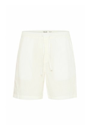 Shorts en tissu blanc avec une surface texturée, dotés d'une taille à cordon de serrage et d'une coupe décontractée. Des rayures verticales sont subtilement présentes.