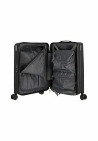Maleta rígida negra, abierta para revelar un interior de tela gris con un bolsillo con cremallera y múltiples compartimentos. Cuatro ruedas y asa para facilitar el transporte.